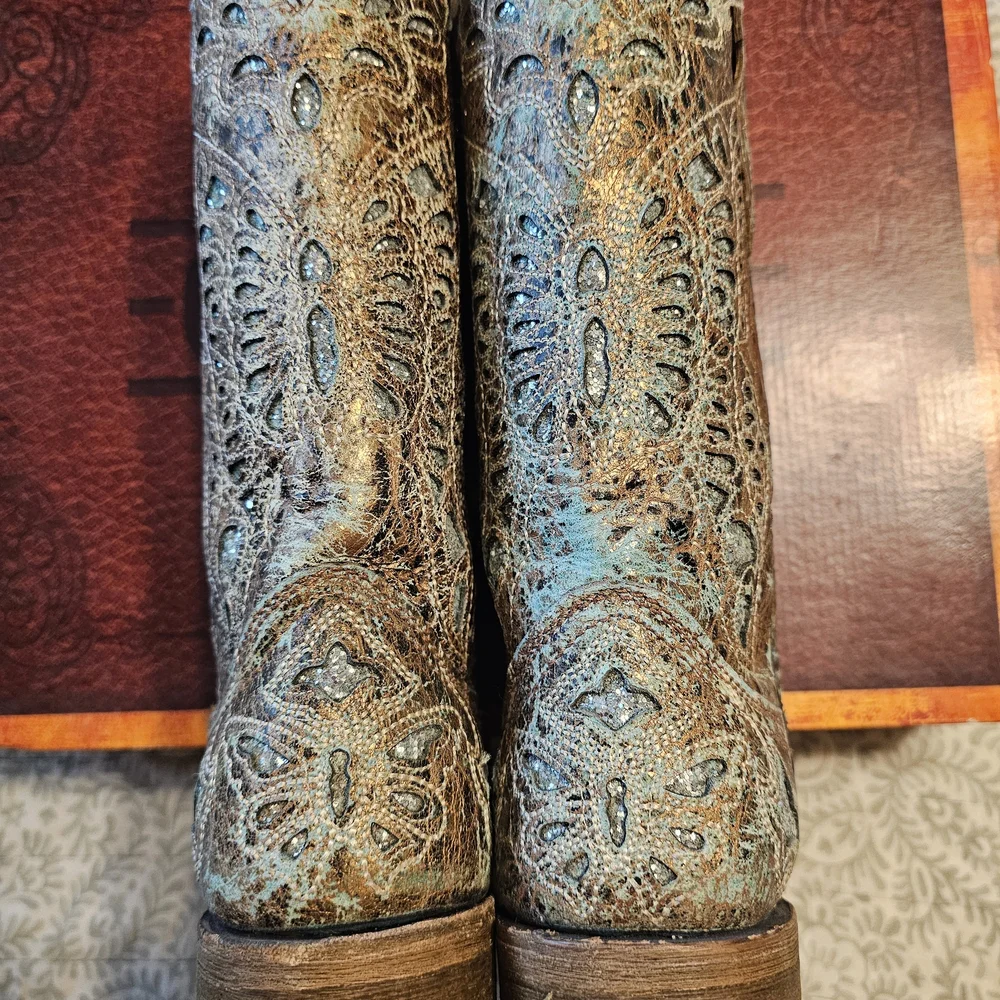 Corral Distressed Turquoise and Brown Ankle Boots - Picture 5 of 11